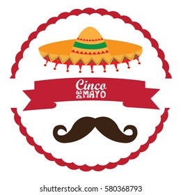 Isolated label with a hat and a mustache, Cinco de mayo vector illustration