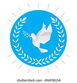 Isolated label with a laurel wreath and a low poly pigeon, Peace vector illustration