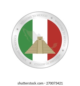 Isolated label with a mexican flag and a monument. Vector illustration