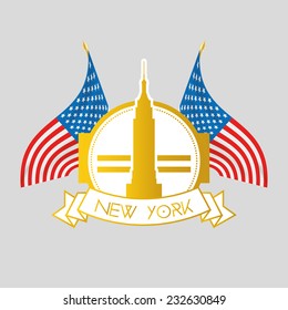 an isolated label with a pair of american flags and the empire states