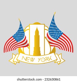 an isolated label with a pair of american flags and the chrysler building