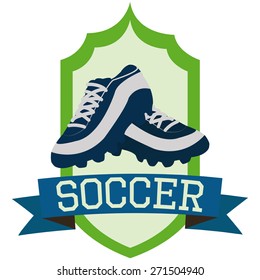 Isolated label with a pair of soccer shoes and a ribbon with text. Vector illustration
