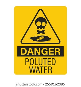 Isolated label sign dangerous environment, with dead fish, plant, tree on polluted water area
