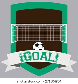 Isolated label with a soccer ball, a soccer net and a ribbon with text. Vector illustration