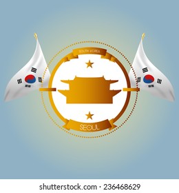 an isolated label with south korean flags and the chongdeokgung palace