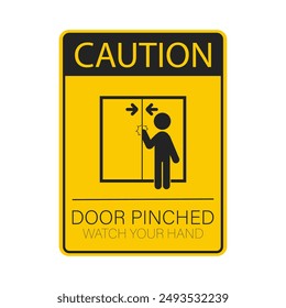 Isolated label sticker hand pinched by closing door, safety sign for gate, bus, train, lift, elevator 