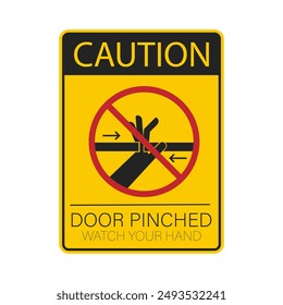 Isolated label sticker hand pinched by closing door, safety sign for gate, bus, train, lift, elevator 