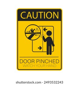 Isolated label sticker hand pinched by closing door, safety sign for gate, bus, train, lift, elevator 