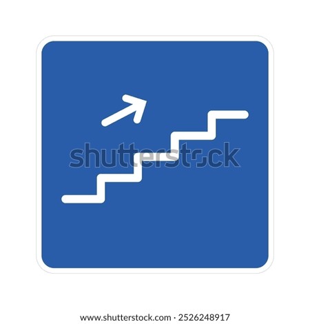Isolated label sticker up stairs, with direction arrow, upper lever blue building sign