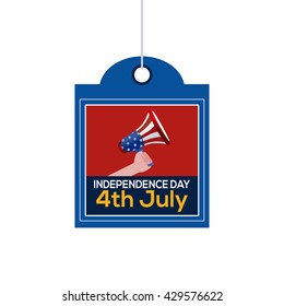 Isolated label with text and a hand holding a megaphone for independence day celebrations