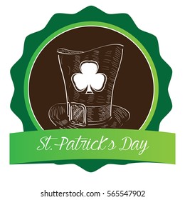 Isolated label with text and a sketch of a hat, Patrick day vector illustration