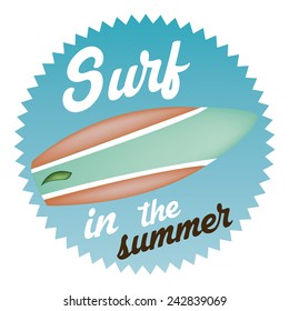 an isolated label with text and a surfboard