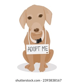 Isolated of a labrador dog sitting and holding collar dog with adopt me sign, Pet adoption concept.