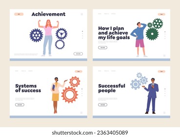 Isolated landing page set with happy young people proud of personal growth and goal achievement
