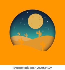 Isolated Landscape Dessert in the Night Vector Illustration with Papercut Style. Perfect for sticker, Website background, wallpaper, etc
