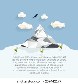 an isolated landscape with geometrical mountains and objects