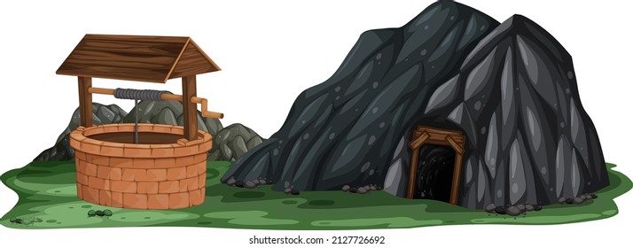Paisaje aislado con cueva de piedra y bien ilustrado