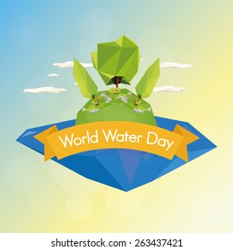 an isolated landscape with trees, flowers, water and a ribbon with text