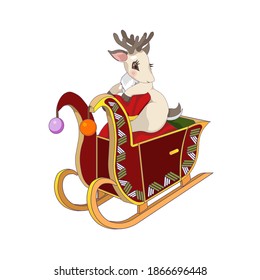 Isolated Lapland Reindeer in Cartoon style, Fawn cute Deer on white isolated background, vector Reindeer with Christmas bag and sleigh for prints, postcards, stickers, icons in Christmas field.
