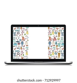 Isolated Laptop with Hand Drawn Doodle on white Background. Women Clothes and Accessories. 