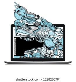 Isolated Laptop with Hand Drawn Doodles. Illustration With Different Music Instruments. Graphic Design of Music Online.