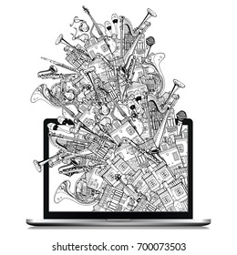 Isolated Laptop with Hand Drawn Doodles. Illustration With Different Music Instruments. Music Festival.