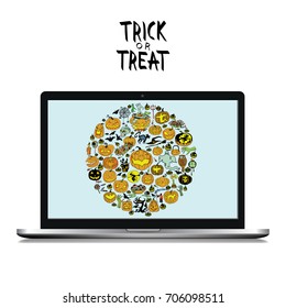 Isolated Laptop with Hand Drawn Doodles on white Background and Text. Illustration With Different Halloween Objects.