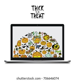 Isolated Laptop with Hand Drawn Doodles on white Background and Text. Illustration With Different Halloween Objects.
