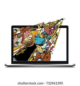 Isolated Laptop with Hand Drawn Doodles. Illustration With Different Music Instruments. Graphic Design of Music Online.