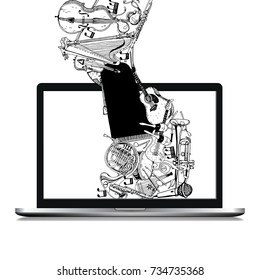 Isolated Laptop with Hand Drawn Doodles. Illustration With Different Music Instruments. Graphic Design of Music Online.