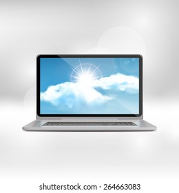 Isolated Laptop Illustration with blue vector sky with clouds and sunrise, 