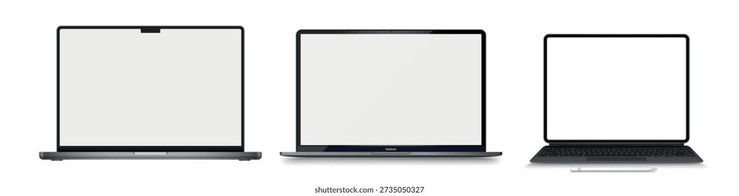 Isolated laptop mockup. Modern laptop computer vector mockup isolated on transparent.
