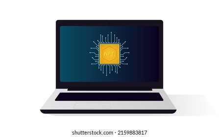 Isolated laptop with non-fungible token image on the screen. Digital art concept. Vector illustration
