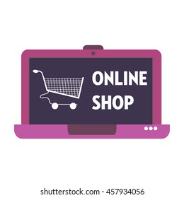Isolated laptop with shopping cart and the text online shop written on its screen