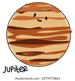 Isolated large colored planet Jupiter with a face and signature. Cartoon vector illustration of a cute smiling planet in the solar system. Use for a logo for children's products