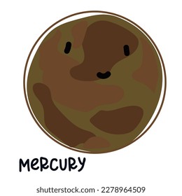 Isolated large colored planet mercury with a face and signature. Cartoon vector illustration of a cute smiling planet in the solar system. Use for a logo for children's products