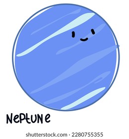 Isolated large colored planet Neptune with a face and signature. Cartoon vector illustration of a cute smiling planet in the solar system. Use for a logo for children's products