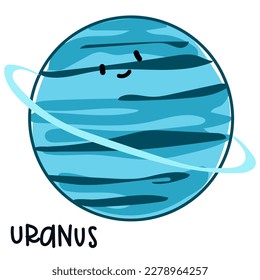 Einzeln großen farbigen Planeten Uranus mit einem Gesicht und Unterschrift. Cartoon, Vektorgrafik eines süßen lächelnden Planeten im Sonnensystem. Verwendung eines Logos für Kindererzeugnisse