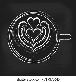 Isolated Latte Art on chalkboard background. White Cup. Vector illustration
