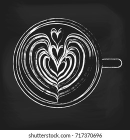 Isolated Latte Art on chalkboard background. White Cup. Vector illustration
