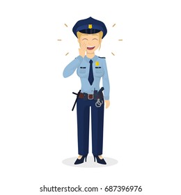 Isolated laughing policewoman on white background. Woman in uniform.