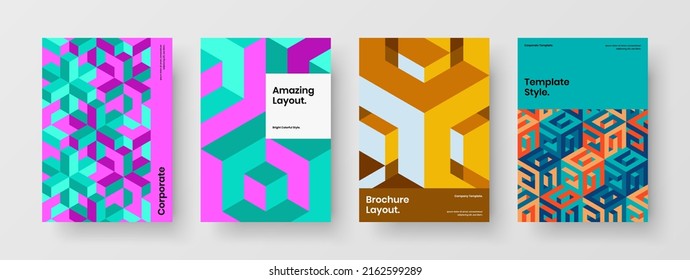 Isolated leaflet A4 vector design layout set. Trendy geometric pattern corporate cover template collection.