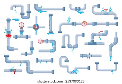 Tubos com fugas isolados. Tubo quebrado, sistema de tubo de água de plástico metálico com gotas de fluxo e poças. Ruptura e problemas em tubulação, conjunto de vetores neotérmicos