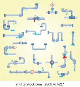Isolated leaking pipes broken pipe metal plastic water tube system with drops flow and puddles rupture and problems in piping neoteric vector set