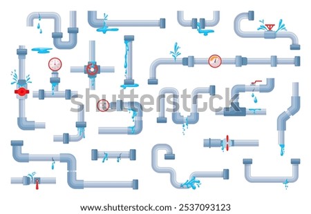 Isolated leaking pipes. Broken pipe, metal plastic water tube system with drops flow and puddles. Rupture and problems in piping, neoteric vector set