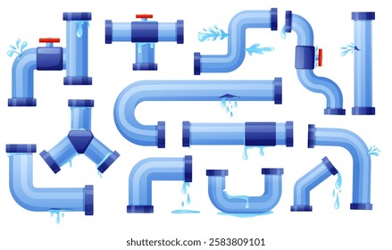 Isolated leaking pipes. Pipe with water drops and puddles. Cartoon industrial metal or plastic system with broken elements, dripping nowaday vector set