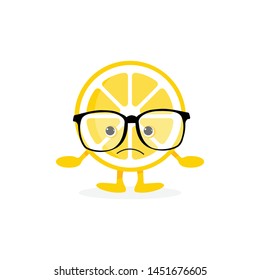 Isolated Lemon cute smile character. Cartoon yellow fruit in glasses. Vector Illustration. Emoji. Pensive Face