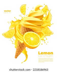 Isolated lemon soft ice cream cone with splash. Vector realistic citrus icecream in wafer cup with cream swirl. Frozen summer food, sweet creamy ice cream dessert promo