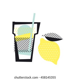 isolated  lemonade glass and lemon vector illustration. concept collage style geometry shape poster of summer drink. cocktail icon.