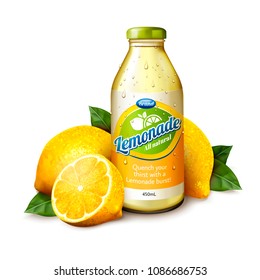 Isolated lemonade juice in glass bottle with fresh fruit in 3d illustration